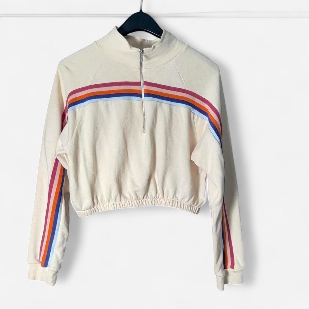 Cropped Quarter Zip Sweatshirt Rainbow Stripe Cream Womens Medium